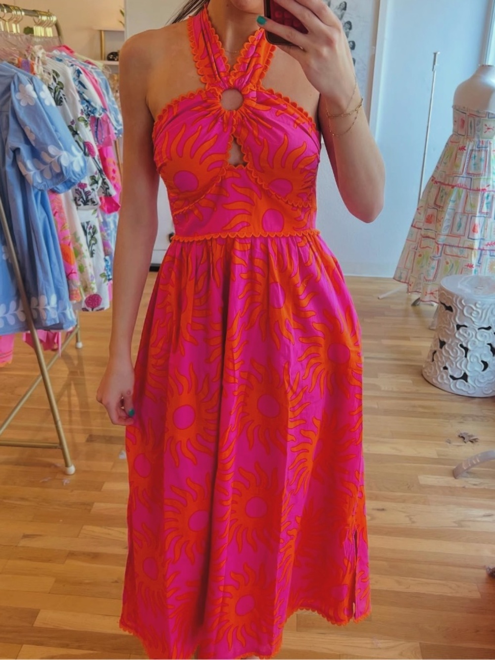 NWT J.Marie Mara Ric Rac Halter Midi Dress Pink Orange Sun Print Sz S - Picture 2 of 8